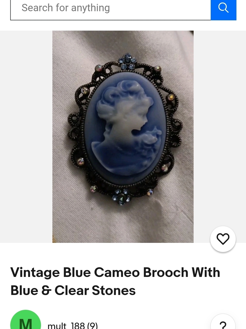 Blue Cameo Brooch with Blue and Clear Stones